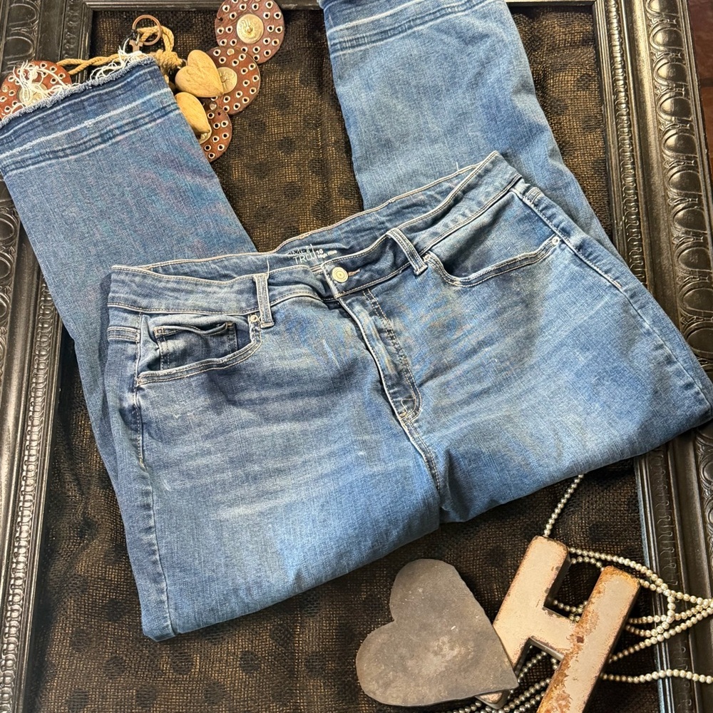 Time and True Size 16 Butter Soft Blue Jeans with a raw hem.